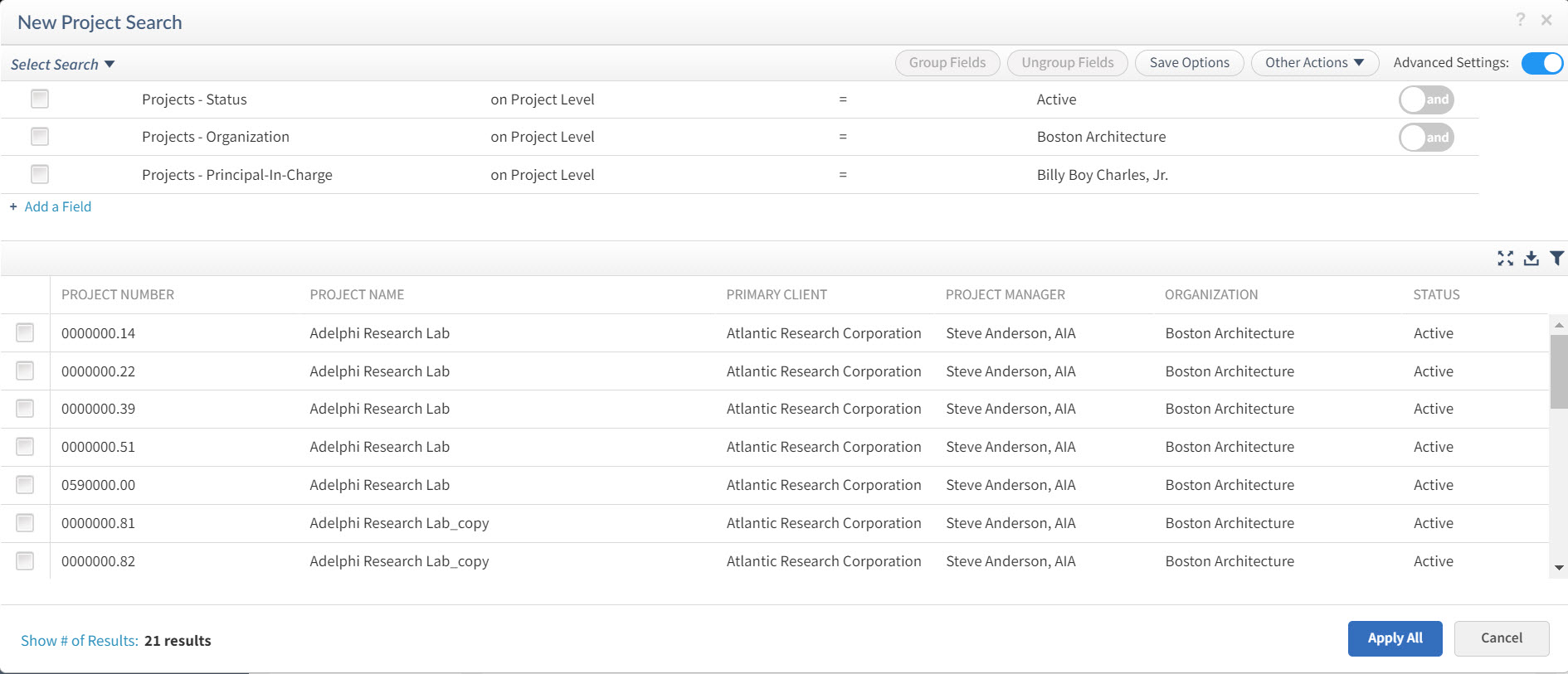Example: Search by Project Organization and Employee