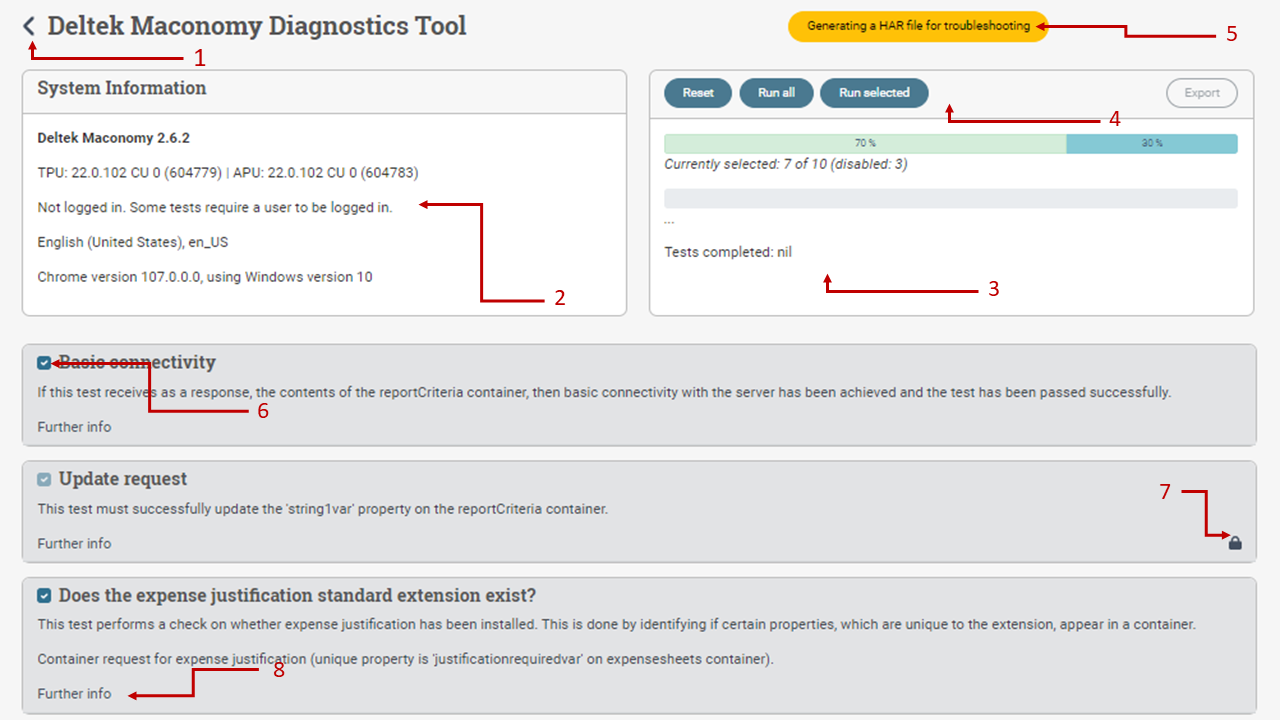 Diagnostics Tool buttons and panels