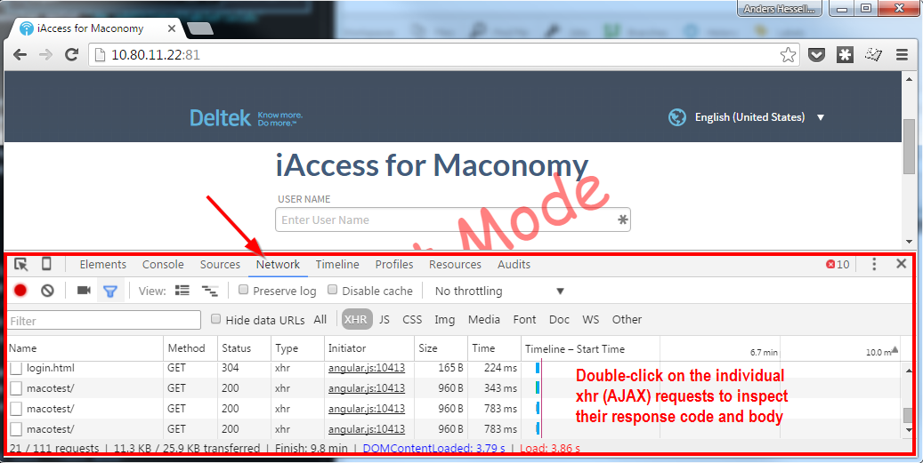 Use the Network Tab in your browser's Developer tools to debug failing requests and login problems.