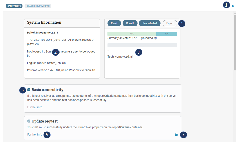 Diagnostics Tool buttons and panels