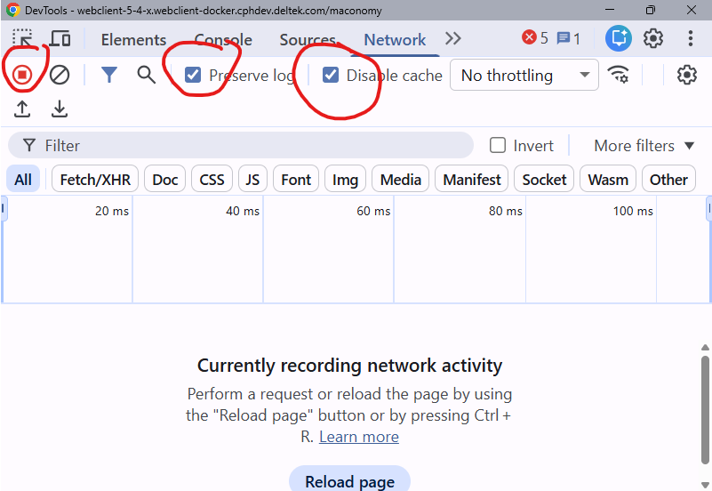 Ensure the record button is active and Preserve log is checked before reproducing the issue.