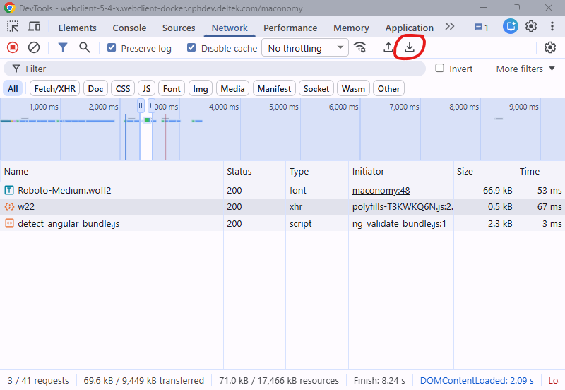 Click the Export HAR... button in the Network panel toolbar to save the captured traffic as a HAR file.