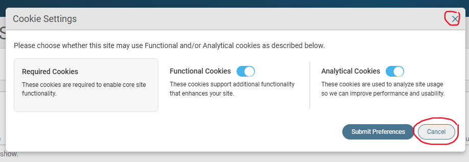 Cookie Settings: Menu Screen